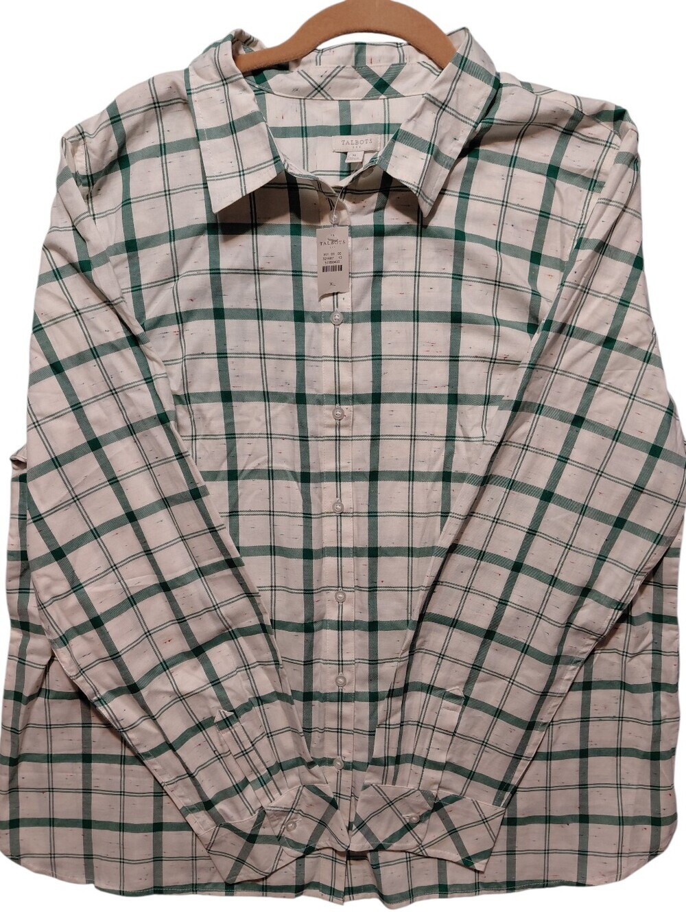 Talbots White Green Plaid Long-Sleeve Button-Down Shirt With Colorful Accent NWT